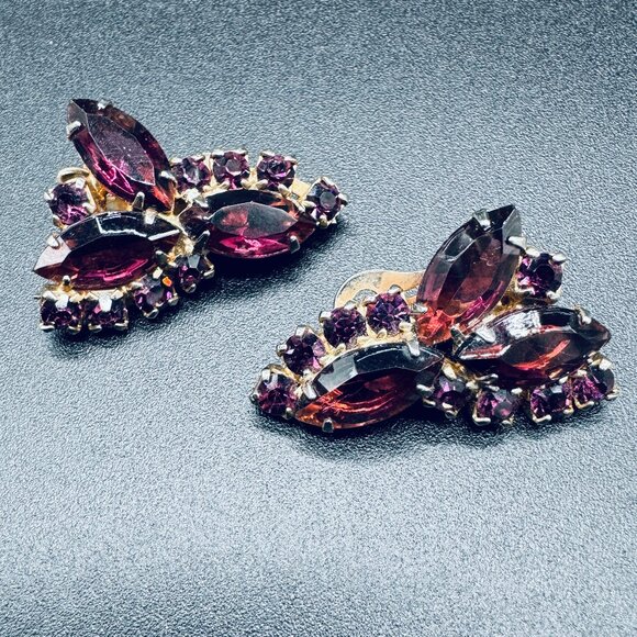 Vintage Necklace Choker and Clip-on Earrings Purple Rhinestones Set - Picture 10 of 14